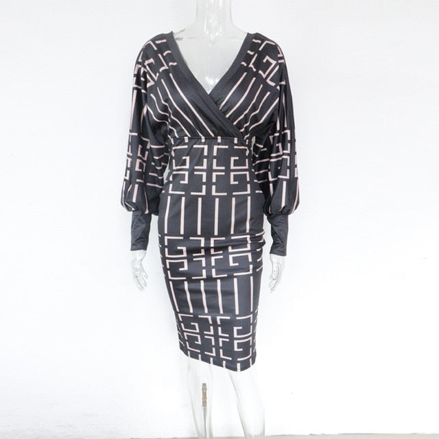 Ribbed Elegant Plaid Print Wrap Bodycon Midi Dress