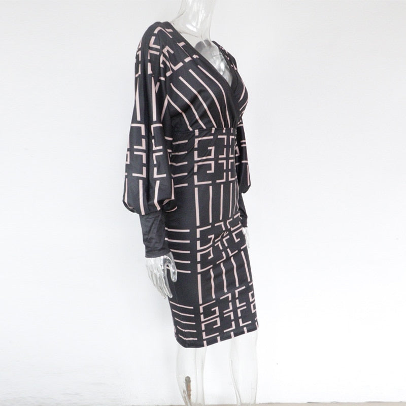 Ribbed Elegant Plaid Print Wrap Bodycon Midi Dress
