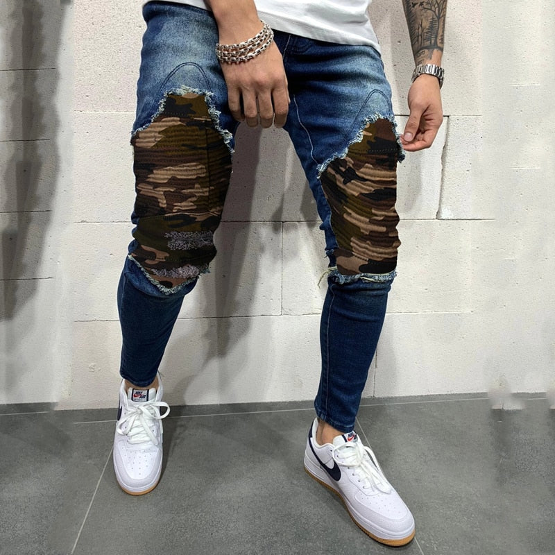 Pleated Camouflage Patchwork Slim Fit Jeans for Men