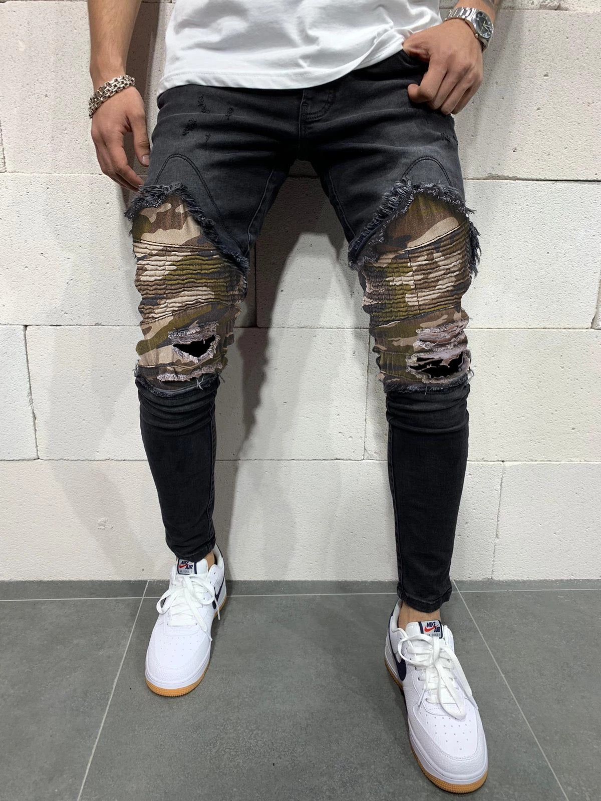 Pleated Camouflage Patchwork Slim Fit Jeans for Men