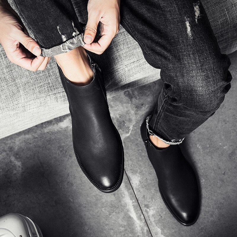 Zipper Men Leather Pointed Toe Chelsea Boots
