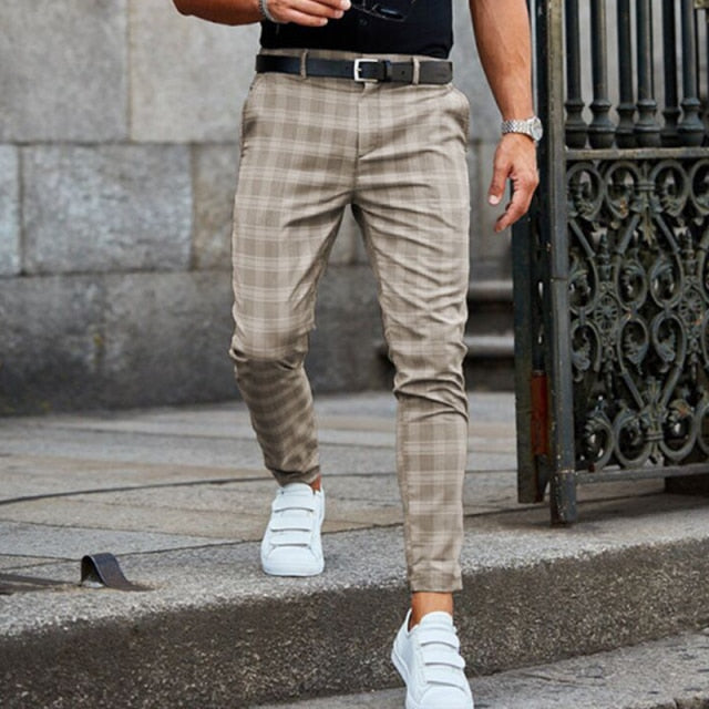 Men pants bottom plush zipper casual pants streetwear plaid office man slim pant