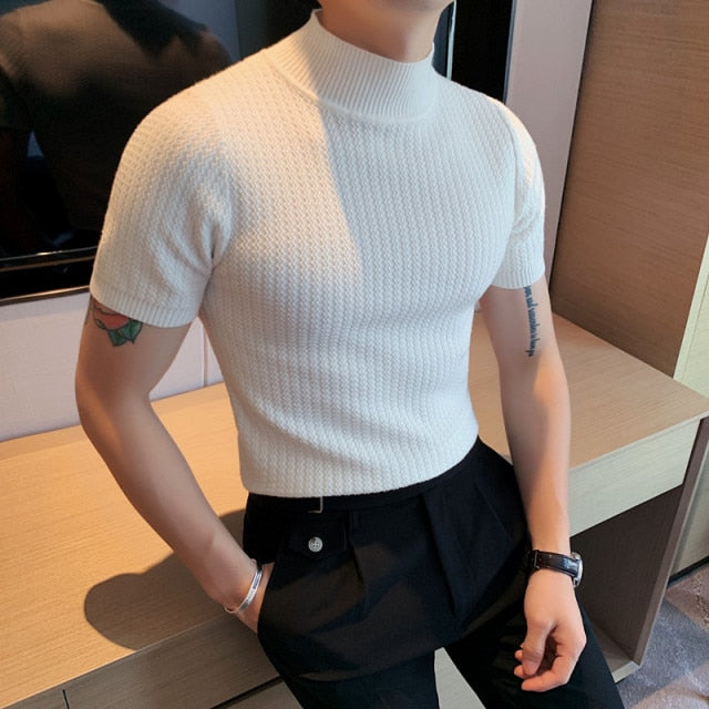 Short Sleeve Knitted Slim Fit Stretched Turtleneck Pullovers