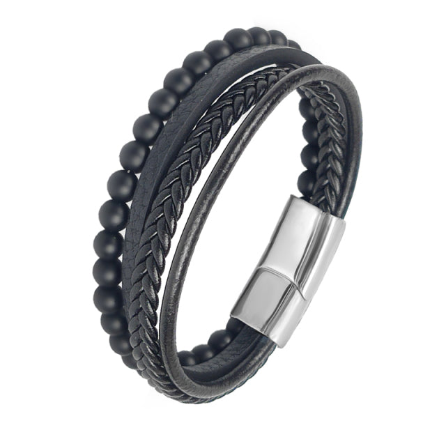 Multi-Layered Black Leather Beaded Bracelet