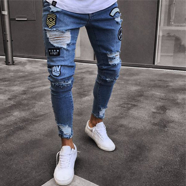 Men skinny Ripped Patchwork Stripe Denim Pants