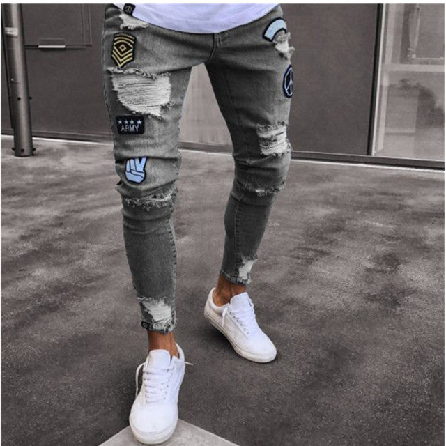 Men skinny Ripped Patchwork Stripe Denim Pants