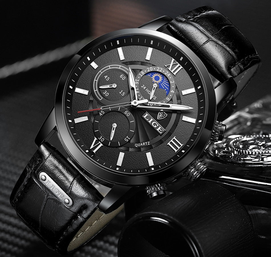 Men's Leather Quartz  Sports Waterproof Wrist Watch