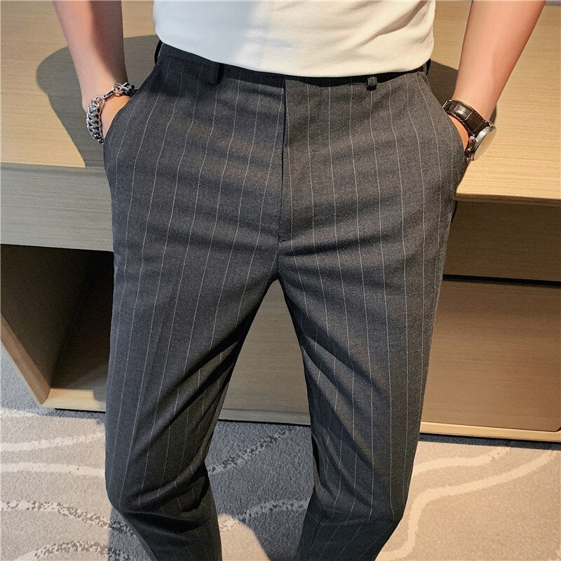 British Style Men Fashion Striped Slim Fit Ankle Length Pants