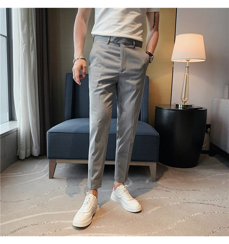 British Style Men Fashion Striped Slim Fit Ankle Length Pants