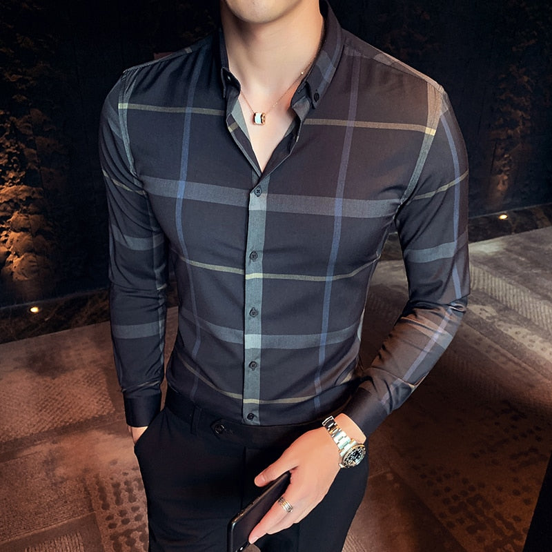 Plaid Men Fashion Casual Dress Shirts Man Slim Fit Long Sleeve