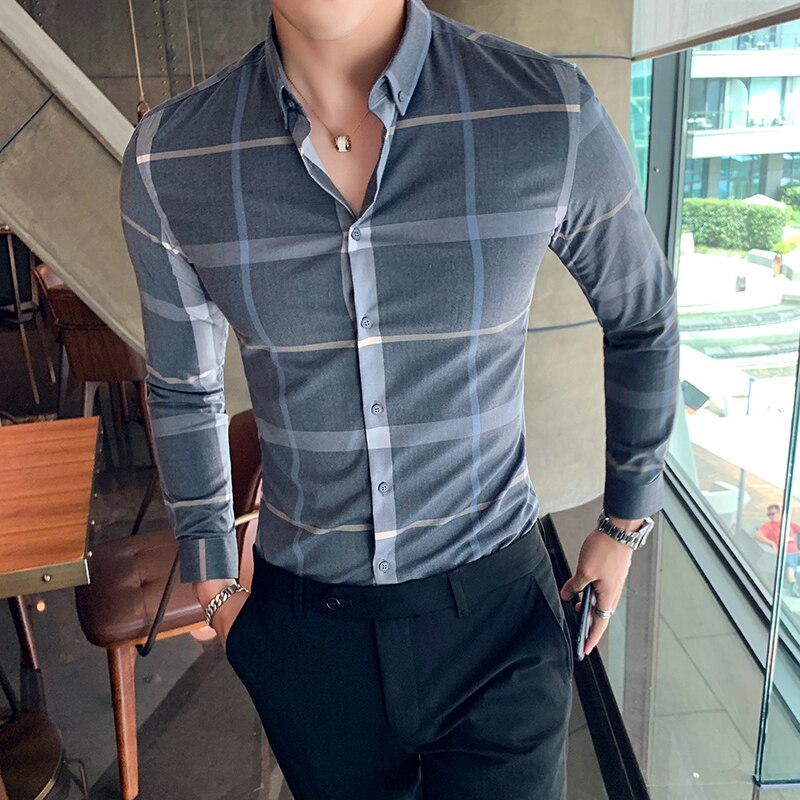 Plaid Men Fashion Casual Dress Shirts Man Slim Fit Long Sleeve