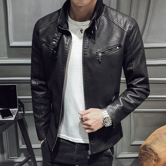 Fashion PU Slim Fleece Warm Men Leather Jacket