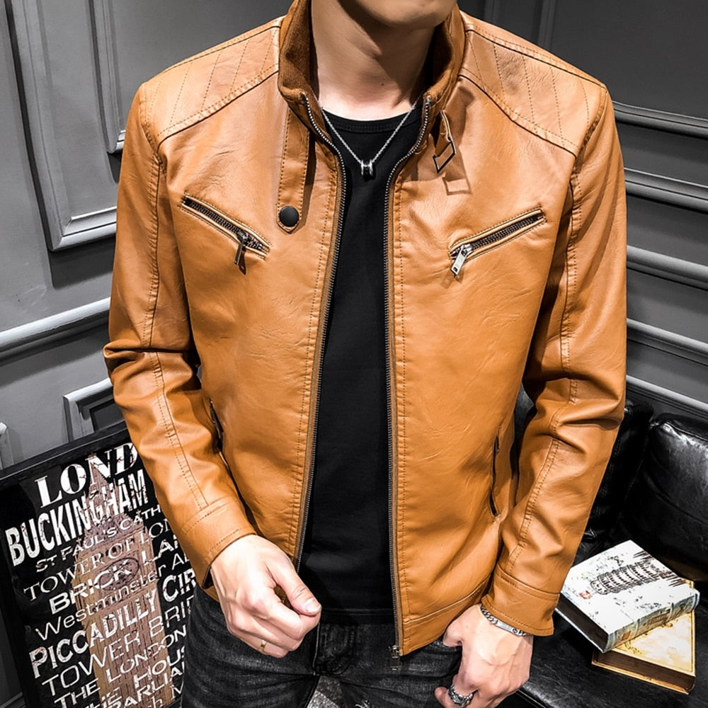 Fashion PU Slim Fleece Warm Men Leather Jacket