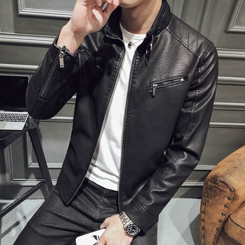 Fashion PU Slim Fleece Warm Men Leather Jacket