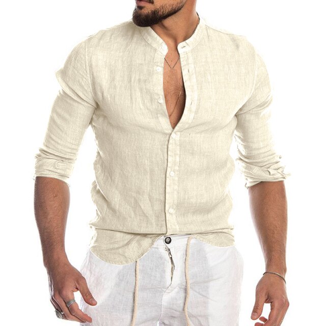 Fashion Casual Cotton Linen Slim Fit Turtle Neck Shirt