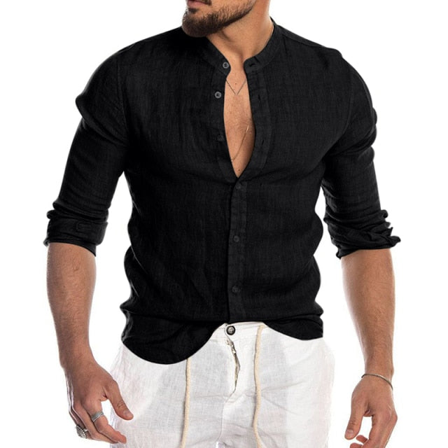 Fashion Casual Cotton Linen Slim Fit Turtle Neck Shirt