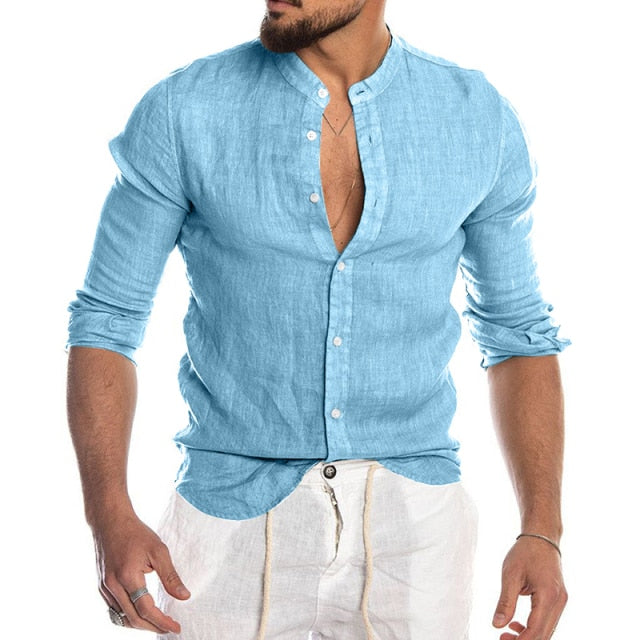 Fashion Casual Cotton Linen Slim Fit Turtle Neck Shirt