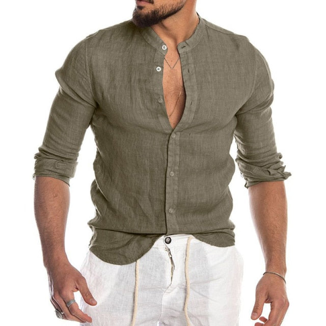 Fashion Casual Cotton Linen Slim Fit Turtle Neck Shirt