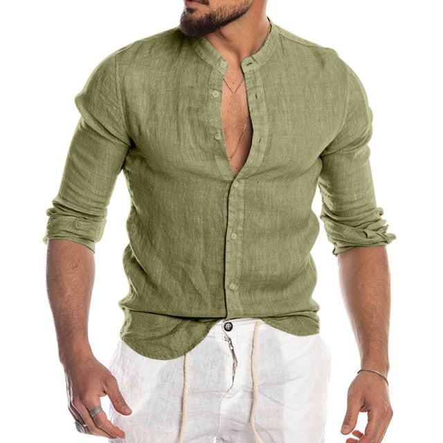 Fashion Casual Cotton Linen Slim Fit Turtle Neck Shirt