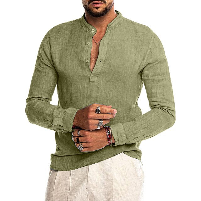 Fashion Casual Cotton Linen Slim Fit Turtle Neck Shirt