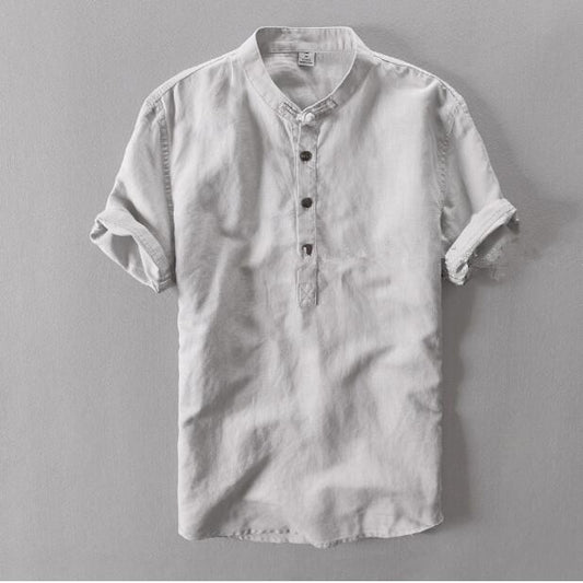 Men Casual Linen Short Sleeve Mandarin Collar Shirt