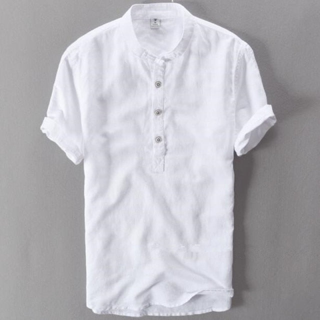 Men Casual Linen Short Sleeve Mandarin Collar Shirt