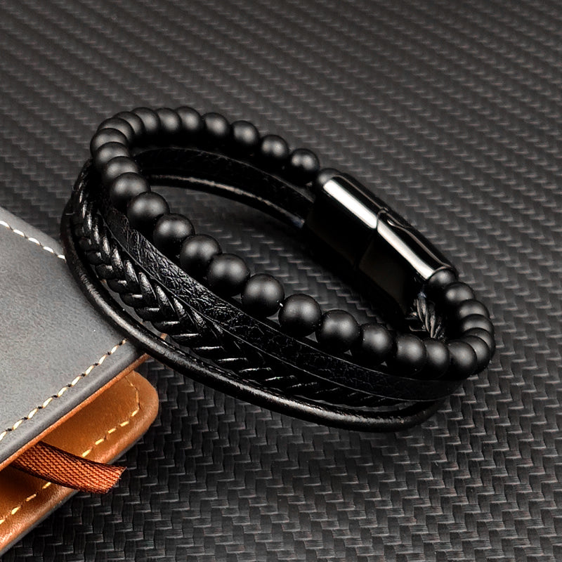 Multi-Layered Black Leather Beaded Bracelet
