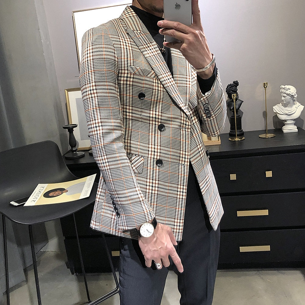 Double Breasted Plaid Fashionable British Style Blazers
