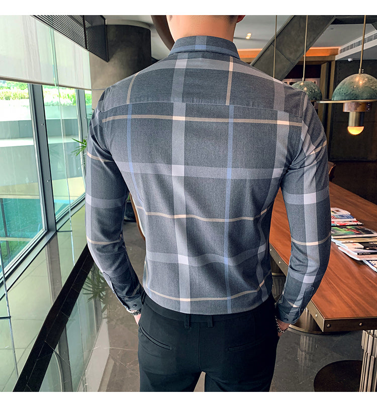 Plaid Men Fashion Casual Dress Shirts Man Slim Fit Long Sleeve