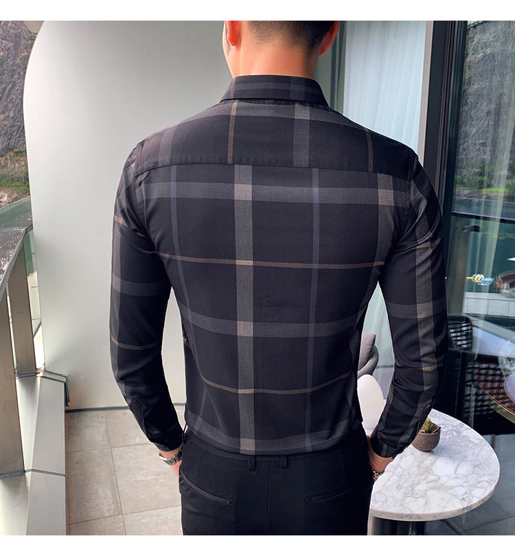 Plaid Men Fashion Casual Dress Shirts Man Slim Fit Long Sleeve