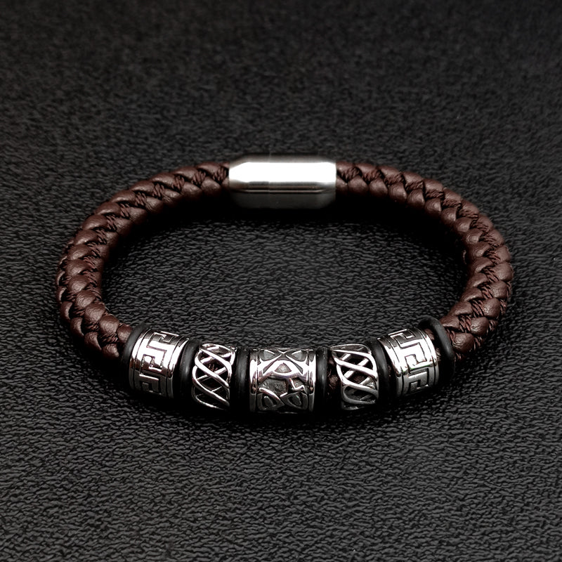 Coffee Leather With 5 Viking Bead Bracelets