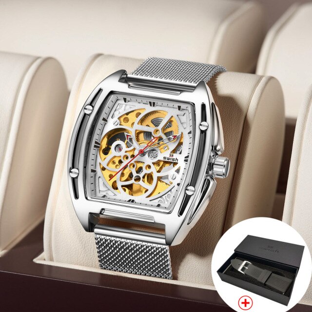 Mechanical Automatic Gold Watch with Mesh Bracelet