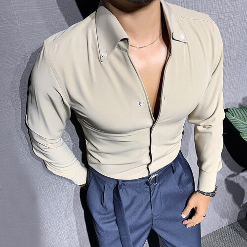 V-neck Casual Shirt Slim Fit Formal Dress Men Clothing Social Party Streetwear