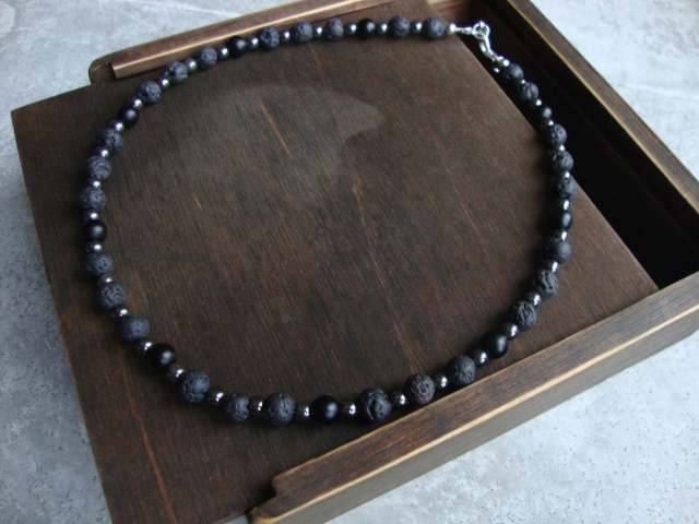 Men's Black Lava Stone Beaded Necklace
