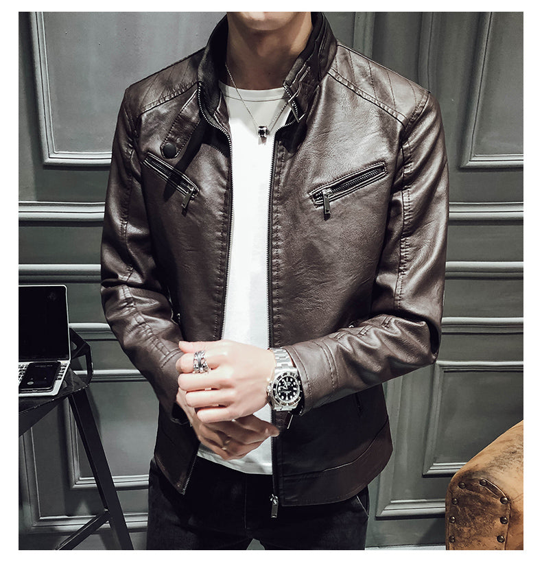 Fashion PU Slim Fleece Warm Men Leather Jacket