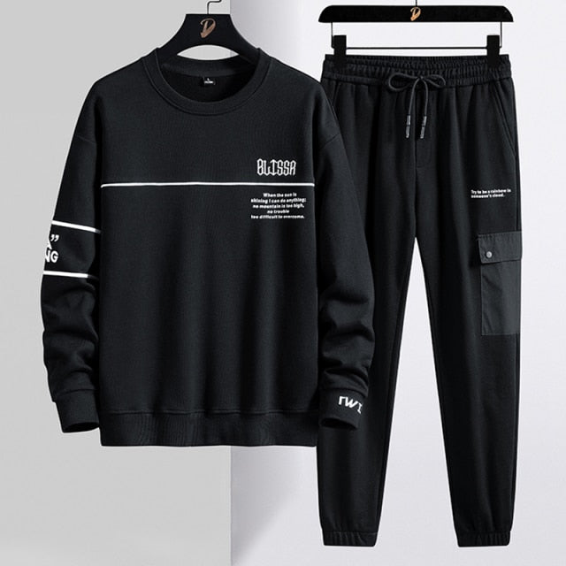 Men Streetwear Black Letter Printed Sweatshirts + Pants Tracksuit