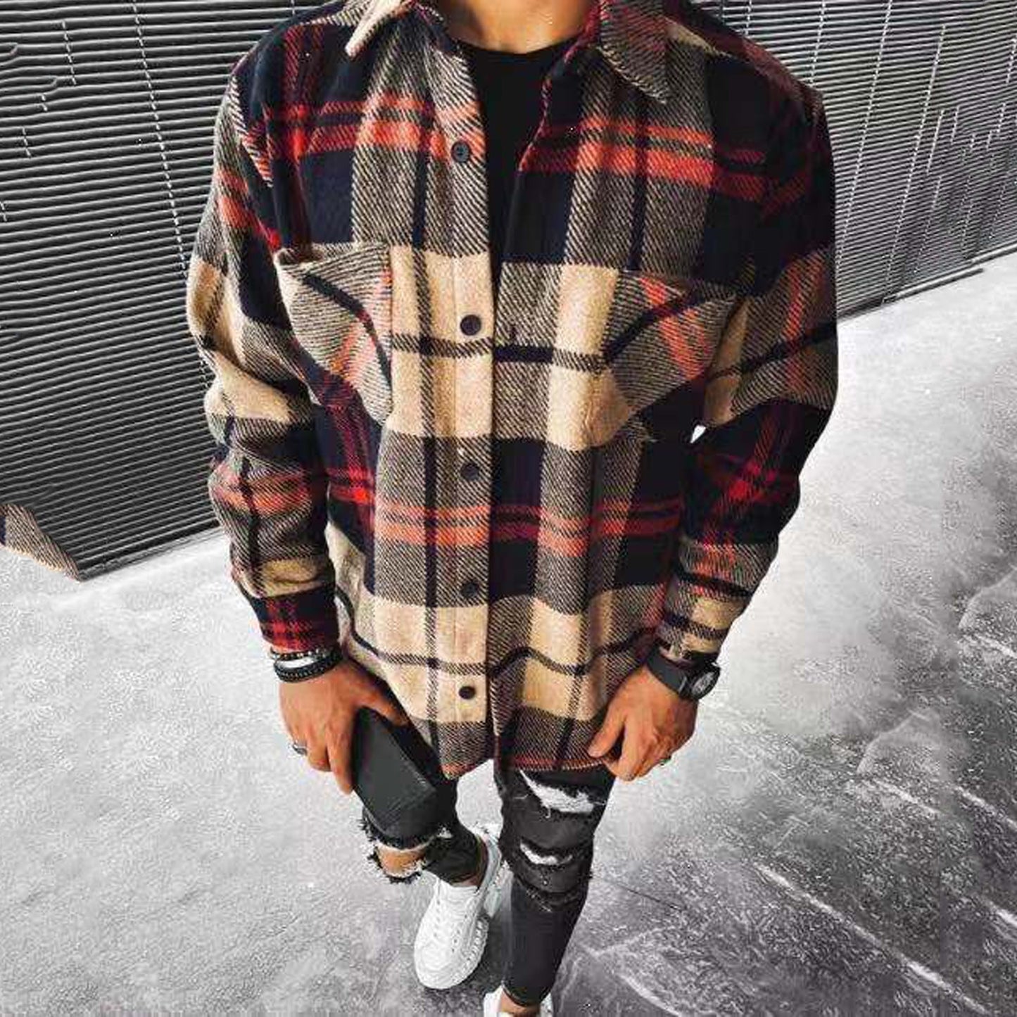 Plaid print Men's Woolen Single Breasted Jackets Coat