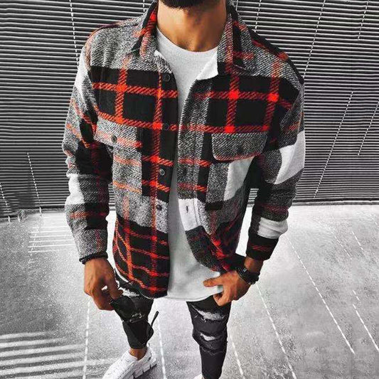 Plaid print Men's Woolen Single Breasted Jackets Coat