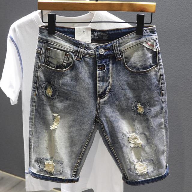Stone Wash Denim Stretch Shorts Holes Jeans