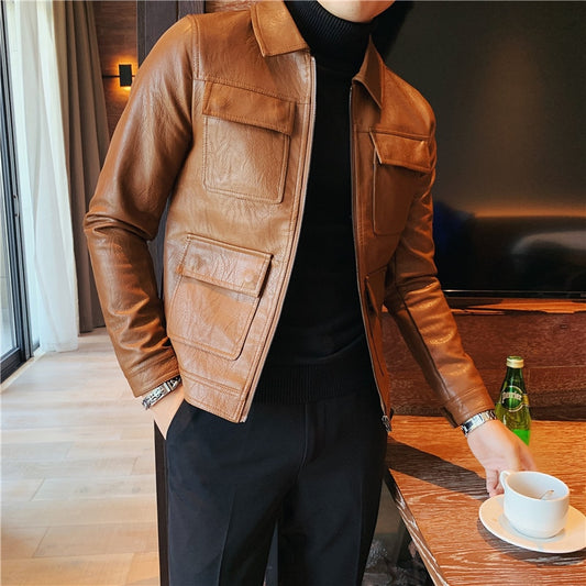 Men Vintage Casual Faux Leather Jacket