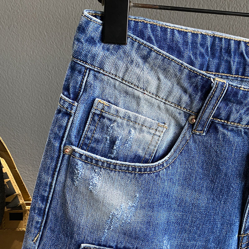 Men Vintage Blue Patchwork Distressed Denim Shorts