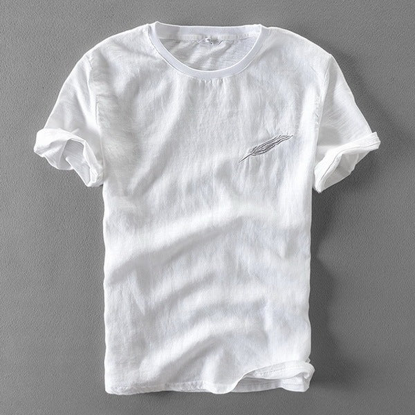 Linen Short Sleeve Embroidery Cotton Men T-shirt
