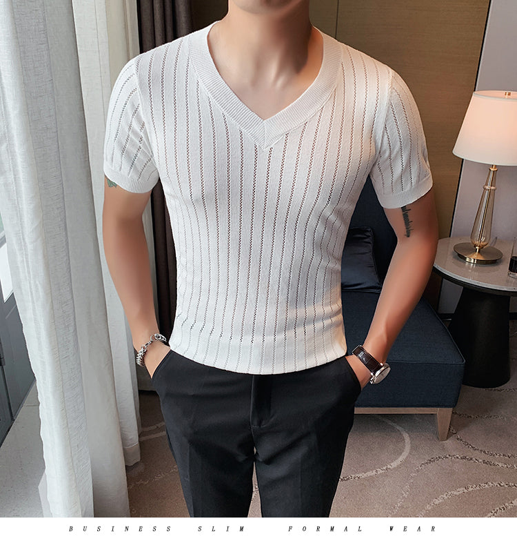 Solid Knitted V- Neck T-Shirts