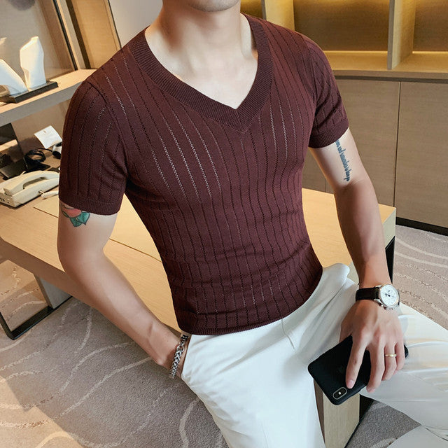 Solid Knitted V- Neck T-Shirts