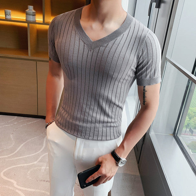 Solid Knitted V- Neck T-Shirts