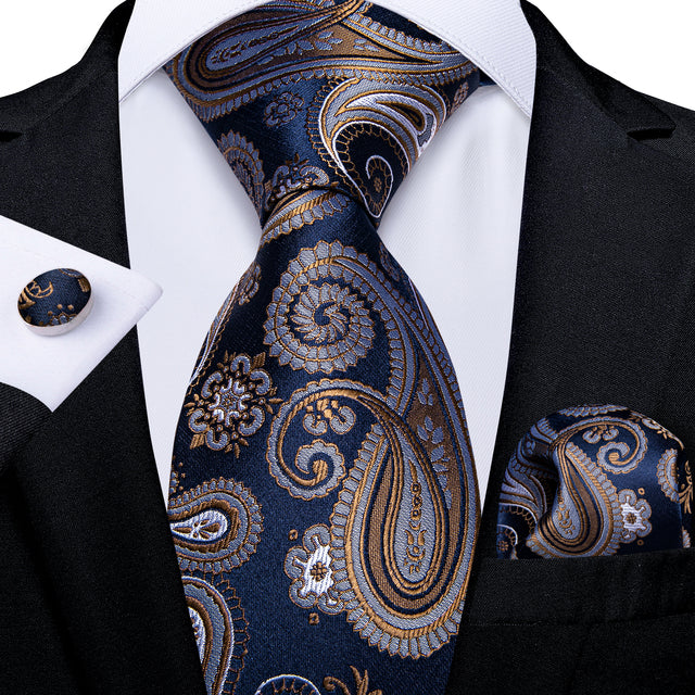 Black Silver Ties Handkerchief Cufflinks Set