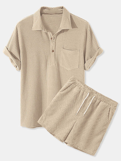 Waffle Corduroy Short-sleeved Shorts Suit